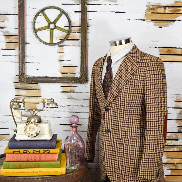 38R Ultra Thick Houndstooth Tweed Blazer With Rock It Again Custom Sewn Genuine Suede Brown Elbow Patches