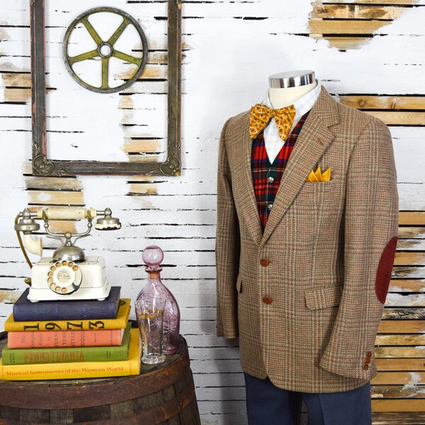 40R Brown Windowpane Tweed Blazer With Rock It Again Custom Swen Brown Genuine Suede Elbow Patches