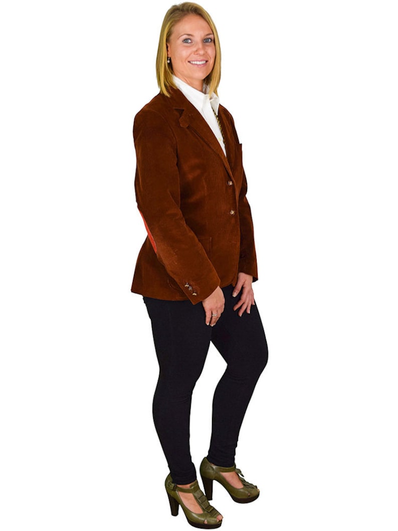 Preppy Size 12 Three Button Brown Corduroy Patch Pocket Blazer With Custom Sewn Genuine Suede Burnt-Orange Elbow Patches