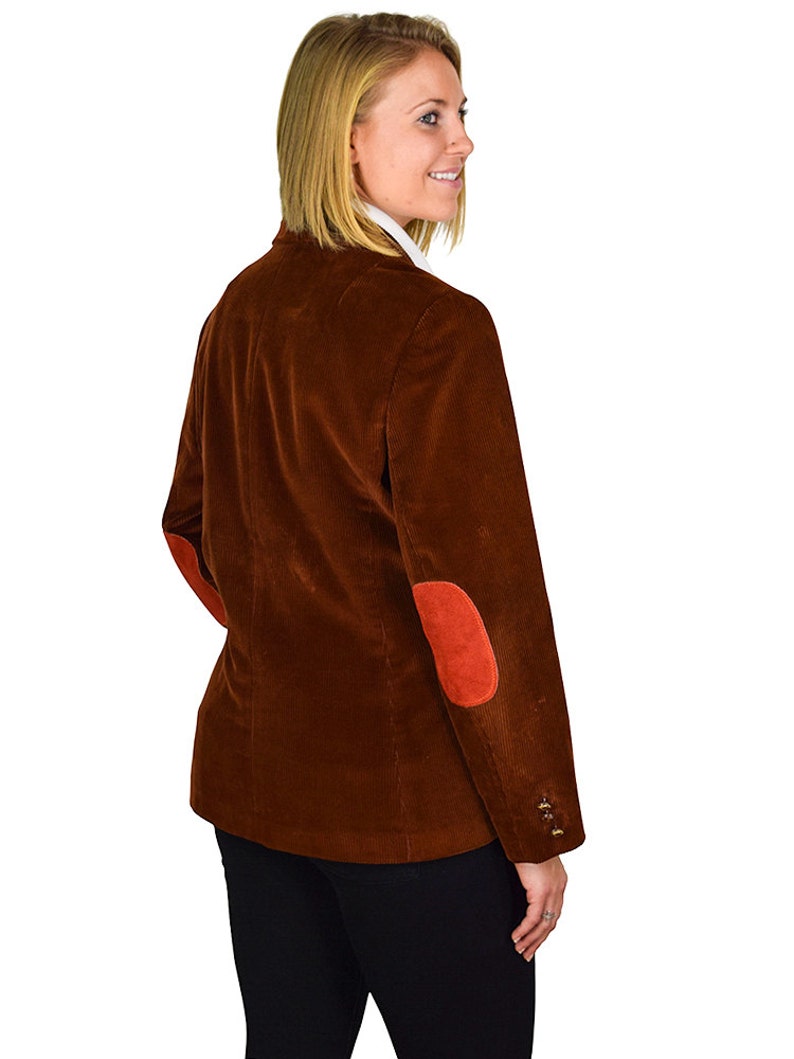 Preppy Size 12 Three Button Brown Corduroy Patch Pocket Blazer With Custom Sewn Genuine Suede Burnt-Orange Elbow Patches