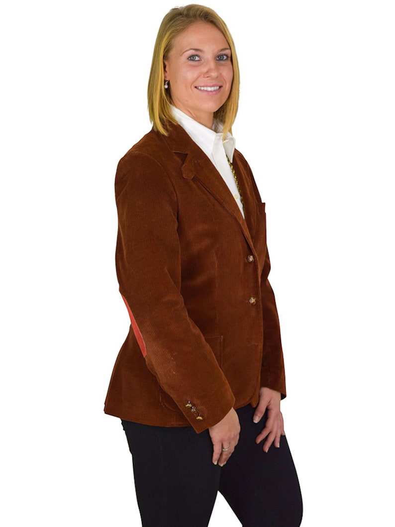 Preppy Size 12 Three Button Brown Corduroy Patch Pocket Blazer With Custom Sewn Genuine Suede Burnt-Orange Elbow Patches