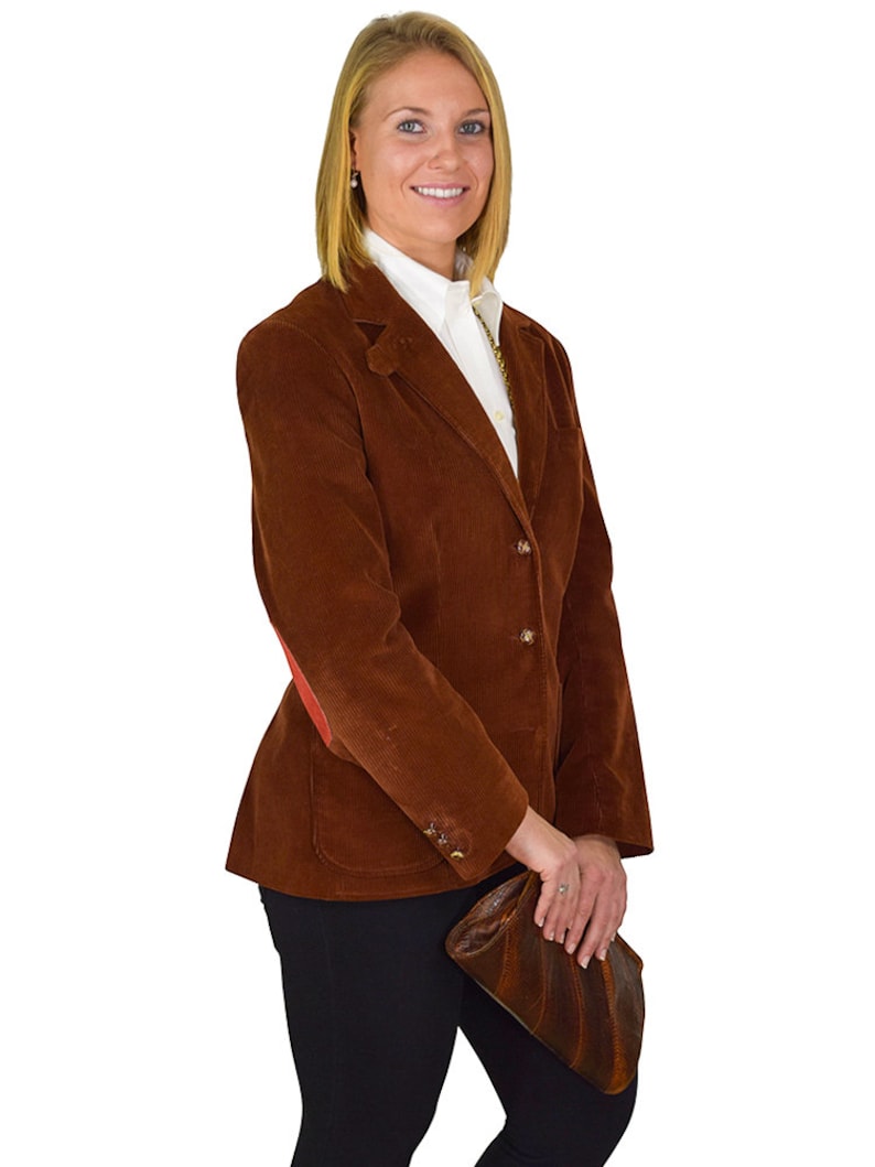 Preppy Size 12 Three Button Brown Corduroy Patch Pocket Blazer With Custom Sewn Genuine Suede Burnt-Orange Elbow Patches