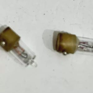 Könnte beinhalten: Zwei kleine, klare Glühbirnen mit braunen Metallsockeln. Die Glühbirnen haben einen kleinen, sichtbaren Glühfaden im Inneren und liegen auf einer weißen Oberfläche. Die Glühbirnen sind wahrscheinlich für ein kleines Gerät oder elektronisches Gerät.
