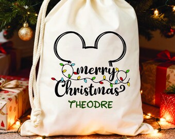 Personalized Christmas Gift Bag, Mickey & Minnie Style Holiday Sack, Custom Name Christmas Drawstring Bag, Kids Santa Sack, Dec 25 Gifts