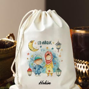 Personlig Eid Mubarak-presentpåse - Koordinerad Eid-presentpåse med lyktor - Anpassad namnpresentpåse - Halvmåne-dragskopåse