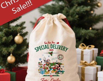 Special Delivery 2025 Santa Sack – Personalized Christmas Gift Bag with Mickey & Friends for Kids Holiday Surprise, Christmas Favor Bags