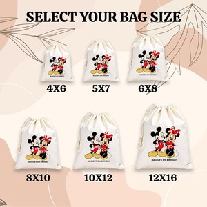 May include: Cream-coloured drawstring bags in various sizes, each featuring a cartoon image of Mickey and Minnie Mouse. The bags are labelled with sizes ranging from 10x15 cm to 30x41 cm, with the text "Maggie's 5th Birthday".