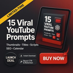 Puede incluir: Anuncio digital de "15 Viral YouTube Prompts" en una tableta. El gráfico presenta un diseño rojo y negro con el texto "Thumbnails, Titles, Scripts, SEO, Calendar". Los botones adicionales dicen "Launch Deal" y "Buy Now".
