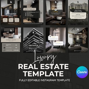 以下が含まれることがあります： 高級不動産向けの濃いグレーの Instagram テンプレート。 「Just Listed」、「Open House」、「Reviews」などのテキストを含むさまざまなレイアウトが特徴です。 Canva のロゴが表示されます。 テンプレートは完全に編集可能です。