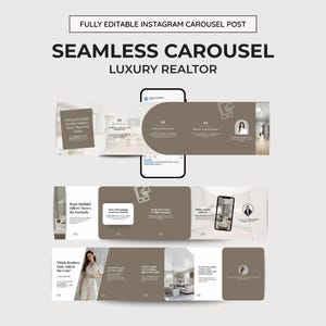 May include: A digital marketing carousel post for a luxury realtor. The design features a smartphone mockup with a series of informational slides in shades of brown and white. Text includes "Seamless Carousel" and "Luxury Realtor."