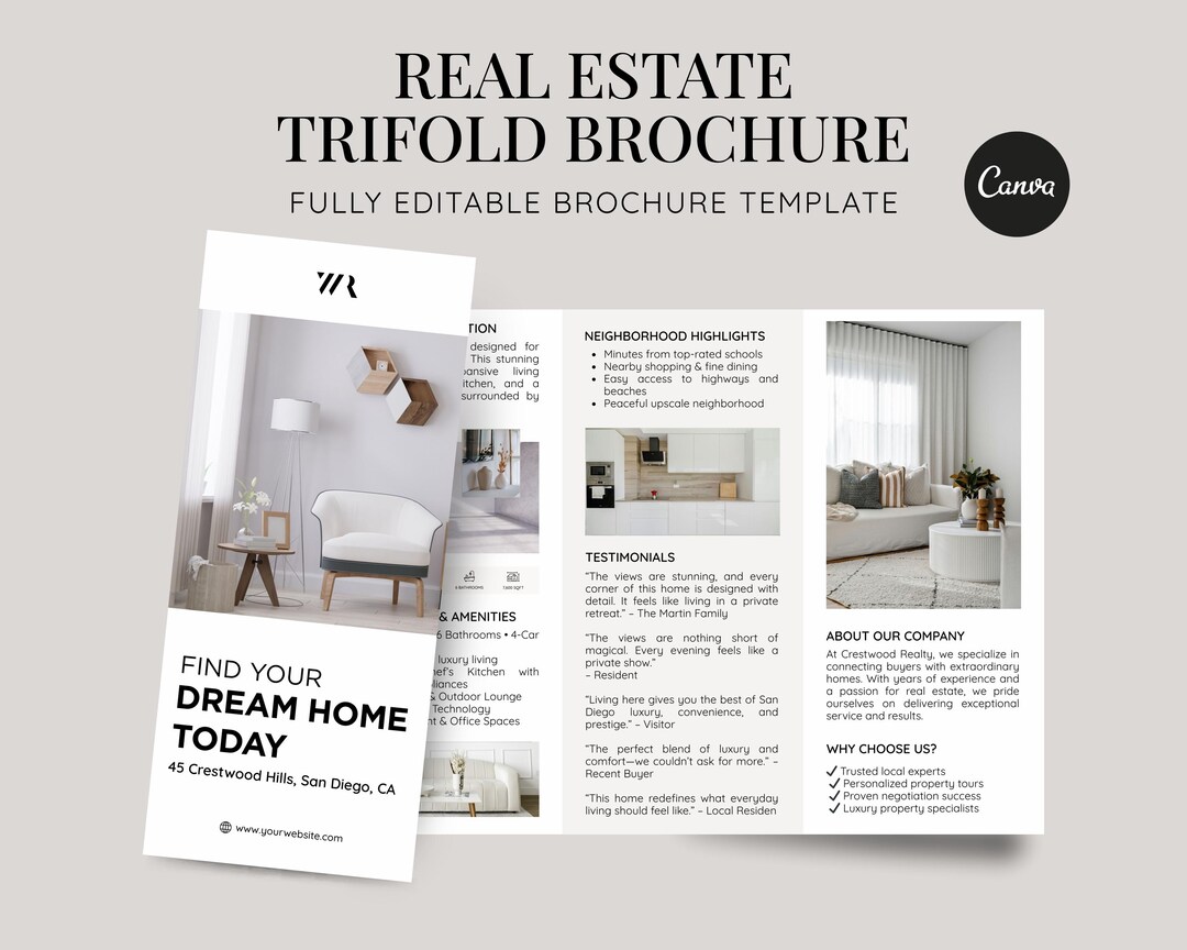 Minimal real estate tri-fold brochure with property photographs and neighborhood highlights