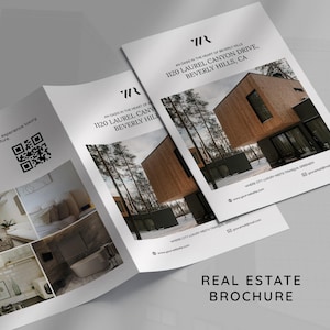 May include: A real estate brochure with a modern design. The brochure features images of a contemporary home with wooden siding and large windows. Text includes the address 1120 Laurel Canyon Drive, Beverly Hills, CA, and the words "Real Estate Brochure."