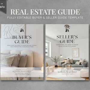 May include: A real estate guide template with the text "Real Estate Guide" and "Buyer's Guide" and "Seller's Guide". The buyer's guide shows a bedroom scene, and the seller's guide shows a living room scene. The template is fully editable.