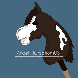 May include: A dark brown hobby horse with a white blaze on its face, a dark brown mane, and a light brown wooden stick handle. The text AngelHHCreationsUS is printed in white across the neck of the horse against a solid blue background.