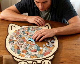 135-Piece Cat Shaped Wooden Jigsaw Puzzle,Morandi Colors With Acrylic Cover, Decorative Animal Design For Adults, Home Decor