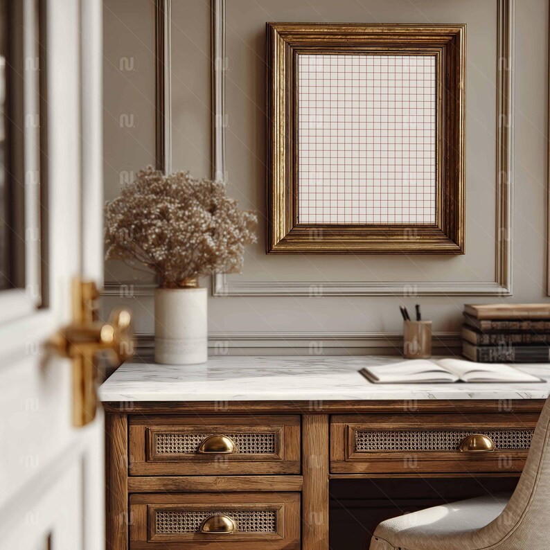 Vertical 4x5 Ratio Gold Frame Mockup, Antique 8x10 Desk-Study Interior, Smart Object PSD