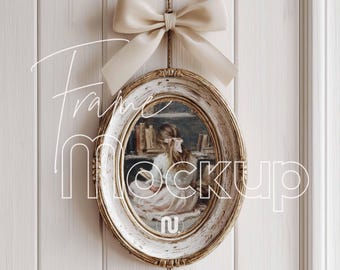 Vertical DIN A Oval White Wood Frame Mockup, Coquette Ribbon Bow Wall Art, Smart Object