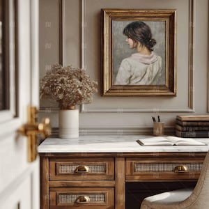 Vertical 4x5 Ratio Gold Frame Mockup, Antique 8x10 Desk-Study Interior, Smart Object PSD