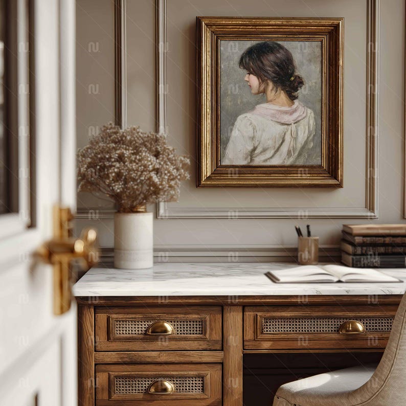 Vertical 4x5 Ratio Gold Frame Mockup, Antique 8x10 Desk-Study Interior, Smart Object PSD