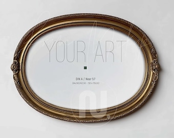 Horizontal DIN A Oval Gold Frame Mockup, Landscape 5x7 Ratio Ornate Wall Art, Smart Object