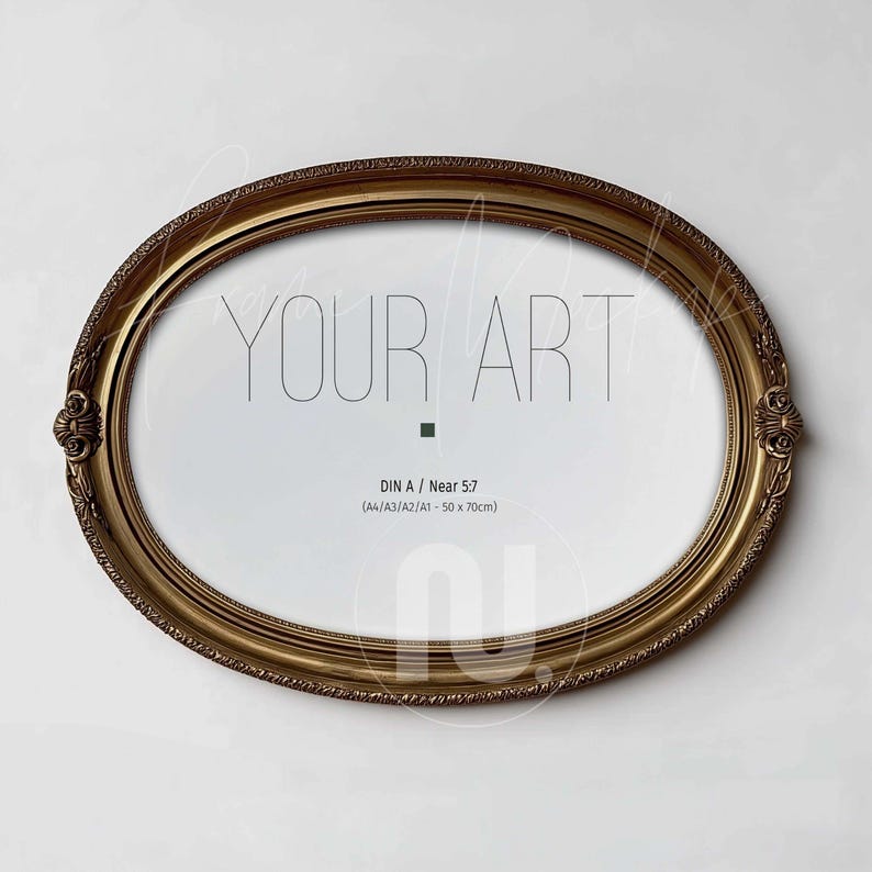 Horizontal DIN A Oval Gold Frame Mockup, Landscape 5x7 Ratio Ornate Wall Art, Smart Object