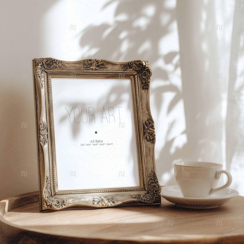Vintage Ornate Bronze Frame Mockup 4x5 Ratio | Antique Picture Frame PSD Smart Object