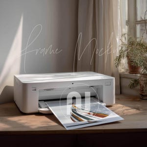 Maqueta de impresora de relación de aspecto 4x5: Maqueta de póster impreso sobre escritorio (objeto inteligente PSD, JPG)