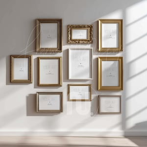 Gallery Wall Gold Frames Mockup, Set of 10 Vintage Mixed Ratios DinA 4x5, PSD