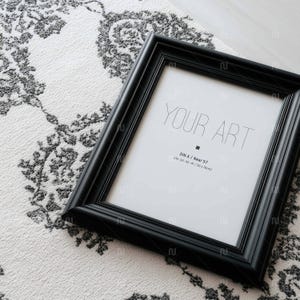 Vertical DIN A Black Wood Wall Art Mockup, 5x7 Ratio Frame on Rug Interior PSD