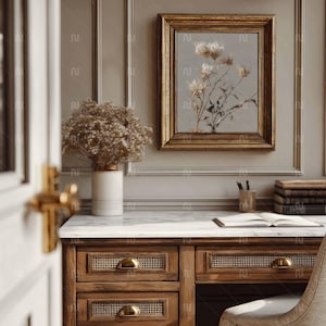 Vertical 4x5 Ratio Gold Frame Mockup, Antique 8x10 Desk-Study Interior, Smart Object PSD