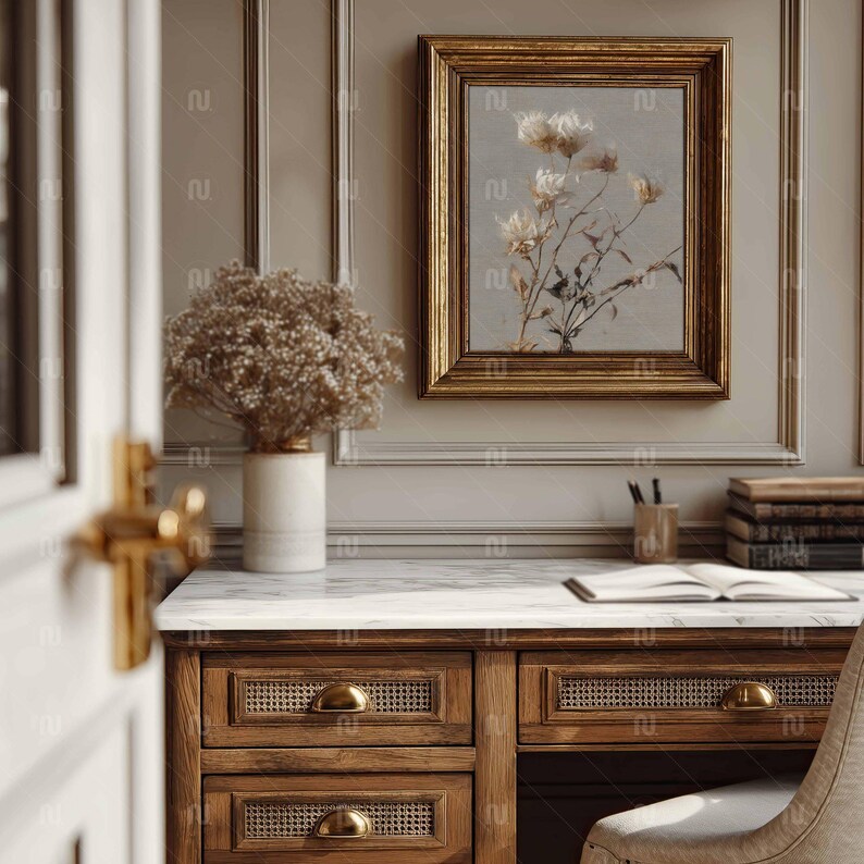 Vertical 4x5 Ratio Gold Frame Mockup, Antique 8x10 Desk-Study Interior, Smart Object PSD