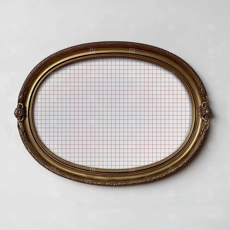 Horizontal DIN A Oval Gold Frame Mockup, Landscape 5x7 Ratio Ornate Wall Art, Smart Object