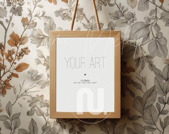 4x5 Ratio Hanging Frame Mockup: Wallpaper Wall, Vertical Wooden Frame (PSD, JPG)
