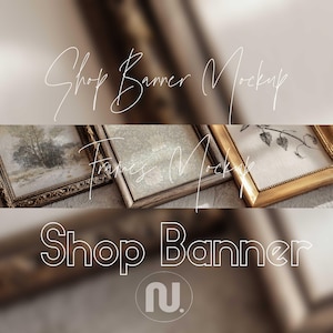 Könnte beinhalten: Shop Banner Mockup-Bild mit drei gerahmten Kunstwerken. Die Rahmen sind in Gold, Braun und Naturholz gehalten. Der Text "Shop Banner Mockup" und "Frames Mockup" ist in Schreibschrift geschrieben, ideal für Präsentationen.