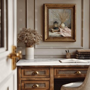 Vertical 4x5 Ratio Gold Frame Mockup, Antique 8x10 Desk-Study Interior, Smart Object PSD