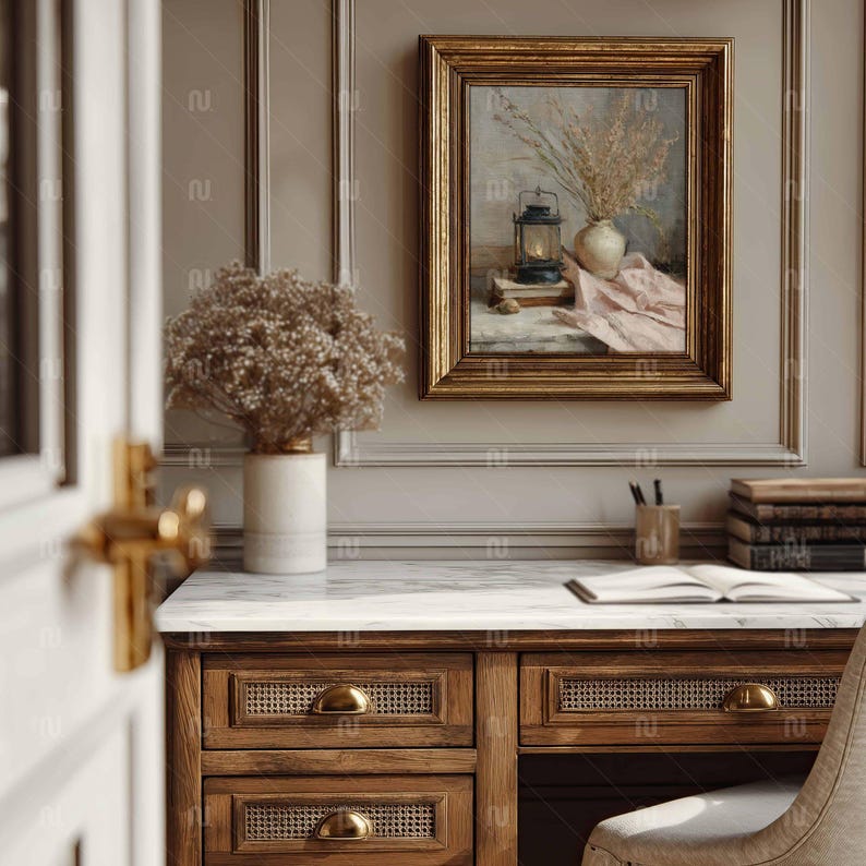 Vertical 4x5 Ratio Gold Frame Mockup, Antique 8x10 Desk-Study Interior, Smart Object PSD