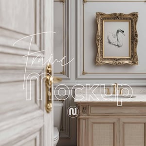 May include: A bathroom interior featuring a gold-framed swan artwork. The vanity is light wood with a marble top. The image includes the text "Frame Mockup". The walls have decorative molding.