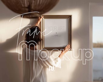 4x5 Ratio Vertical Vintage Gold Frame Mockup: Elegant Woman Hanging a Frame (PSD, JPG)