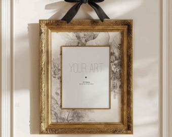 Din A Coquette Bow Frame Mockup: 5x7 Ratio Gold Elegant Mockup (Smart Object PSD, JPG)