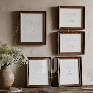 May include: Five dark wood picture frames with white matting and glass, arranged on a wall. Each frame contains a placeholder sheet with the text YOUR ART and 4:5 Ratio printed in black. A ceramic vase with white flowers sits to the left.