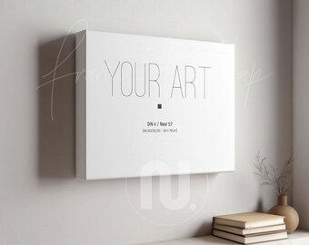 Maqueta de lienzo Din A Horizontal Archivo PSD Minimalista Presentación Galería Envoltura Capa de Objeto Inteligente