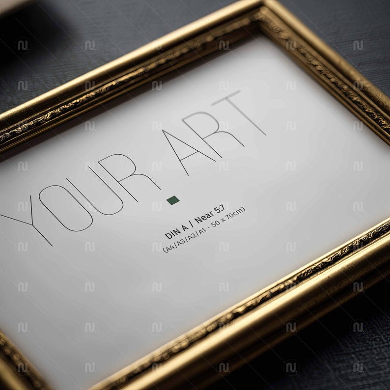 Horizontal Din A Frame Mockup PSD 5x7 Ratio Classic Gold Flat Lay Smart Object PSD
