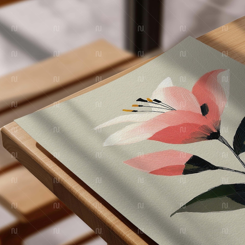 Flat Lay Poster Mockup 4x5 Ratio Hahnemuhle German Etching Paper on Wood Table, 8x10 Art Print Template