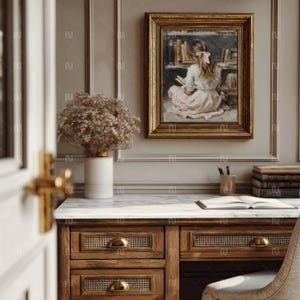 Vertical 4x5 Ratio Gold Frame Mockup, Antique 8x10 Desk-Study Interior, Smart Object PSD