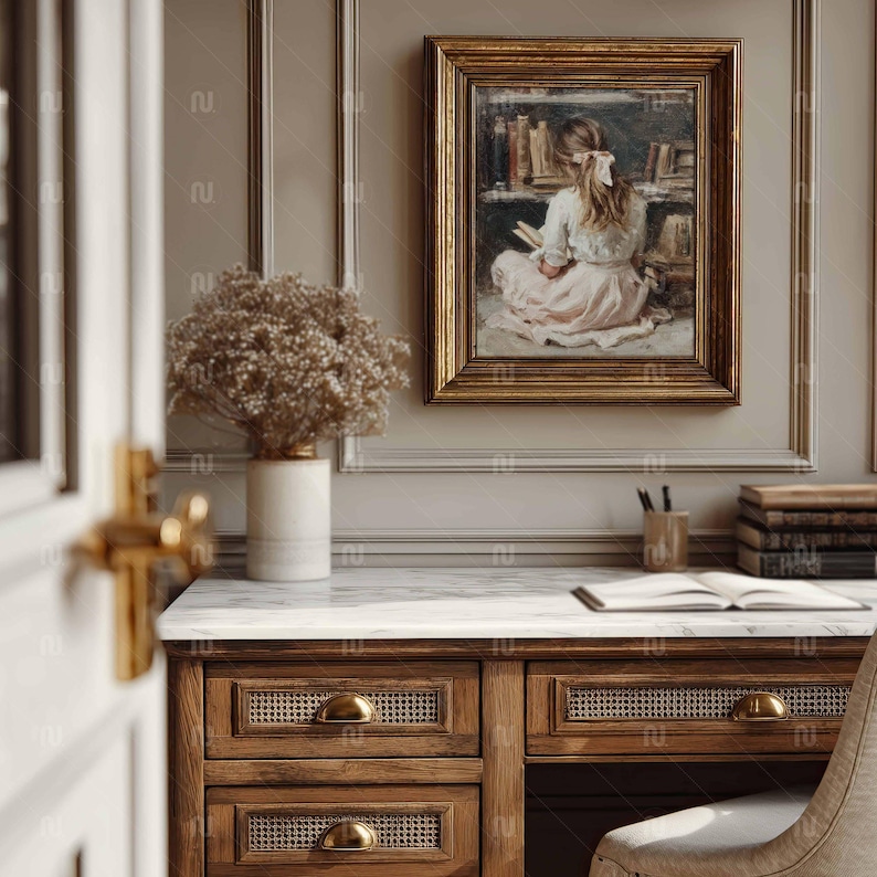 Vertical 4x5 Ratio Gold Frame Mockup, Antique 8x10 Desk-Study Interior, Smart Object PSD