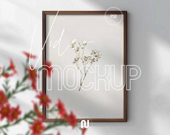 Frame Video Mockup Dark Wood Din A | Vertical Red Flowers Slow Motion PSD Smart Object