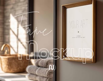 2x3 Ratio Bathroom Frame Mockup: Gold Elegant Frame (PSD Smart Object)