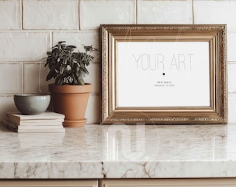 Horizontal DIN A Kitchen Frame Mockup, Landscape 5x7 Gold Frame on Marble Counter PSD