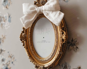 2x3 Ratio Oval Gold Frame Mockup: Coquette Bow Vintage Mockup PSD (Digital Download)