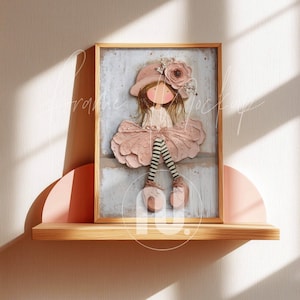 Mockup med hyllram för barnrum i 2x3-format: Träram med rosa moln (Smart Object PSD, JPG)